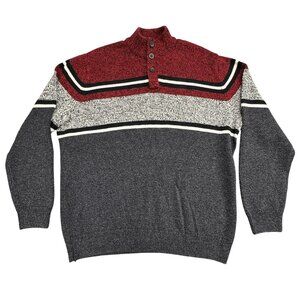 Chaps Mens Size XL Pullover Sweater Gray Red White Mock Neck Long Sleeve Cotton